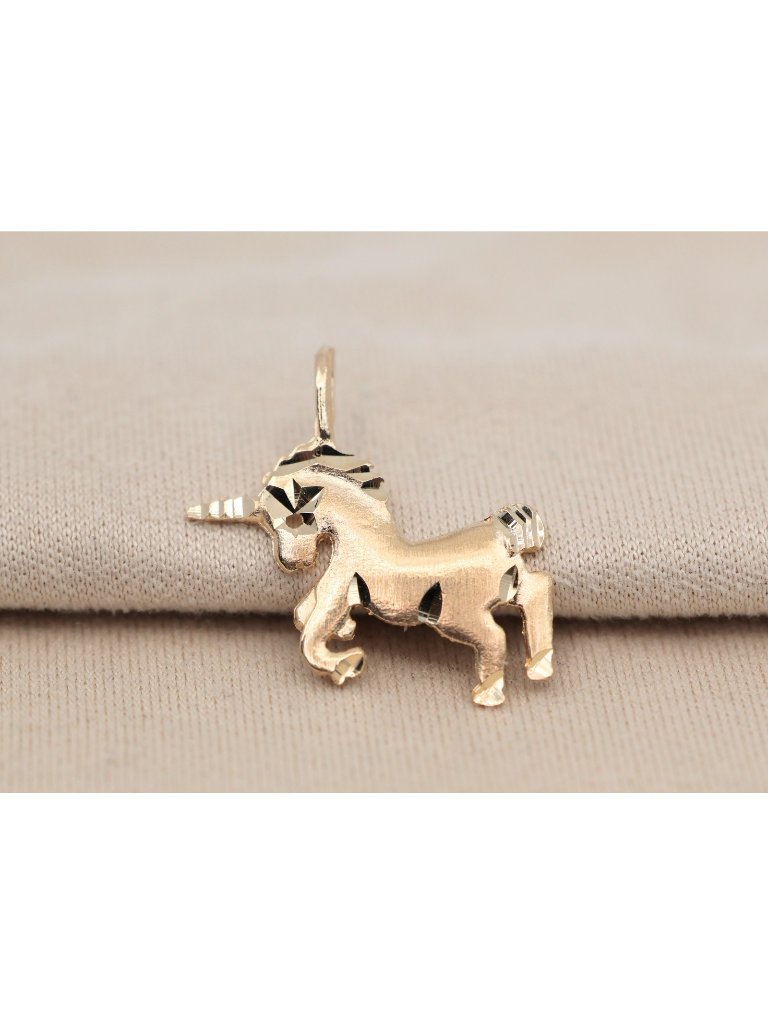 Unique Tiny 14k Karat Solid Yellow Gold Diamond Cut Unicorn Horse Charm Pendant
